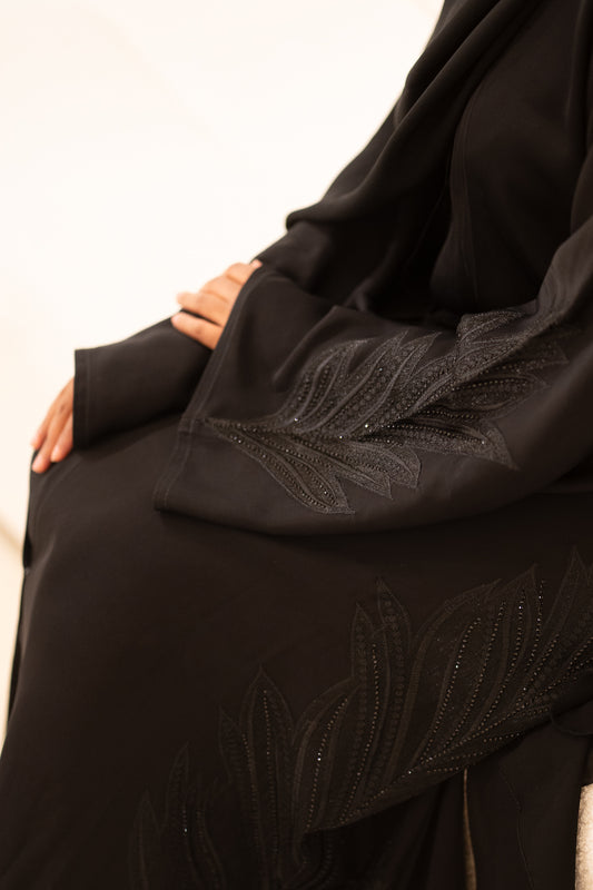 Black Abaya with leafy sheer panel's